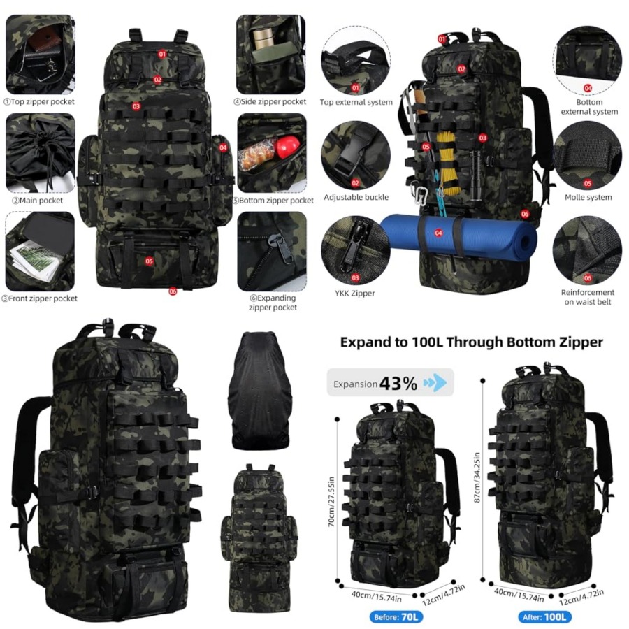 Hiking Backpack Waterproof - 70L/100L Camping Hiking Backpack with Rain