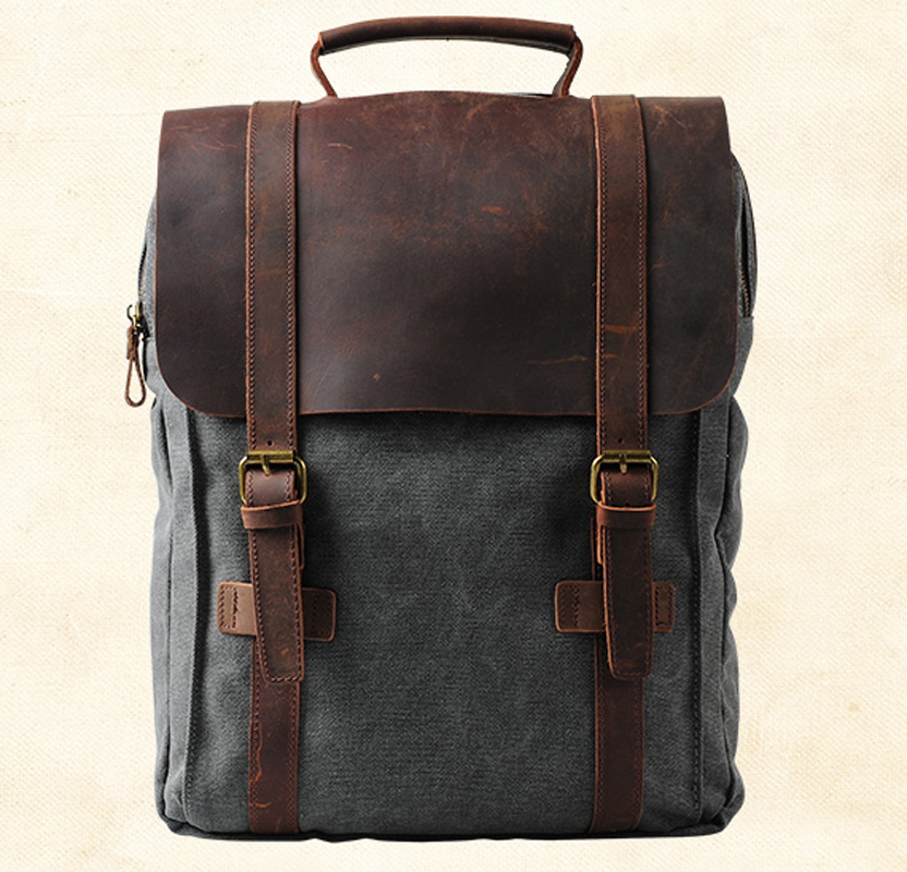 Rucksack Military Style - Fashion Male Backpack Leather military Canvas